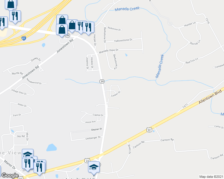 map of restaurants, bars, coffee shops, grocery stores, and more near 145 Spruce Lane in Harrisburg