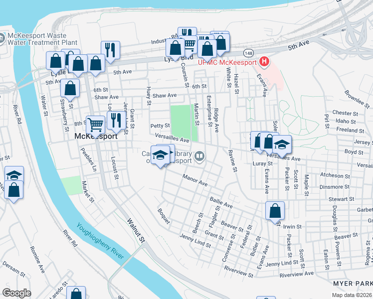 map of restaurants, bars, coffee shops, grocery stores, and more near 1411 Library Street in McKeesport