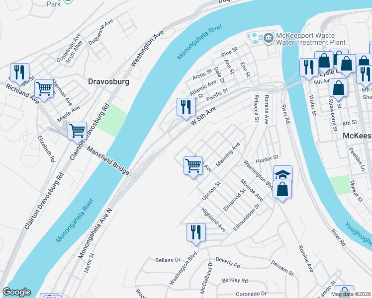 map of restaurants, bars, coffee shops, grocery stores, and more near 714 Reynolds Street in McKeesport