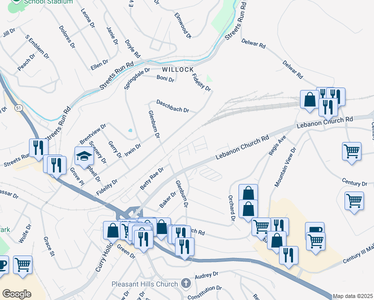 map of restaurants, bars, coffee shops, grocery stores, and more near 416 Mark Lane in Pittsburgh