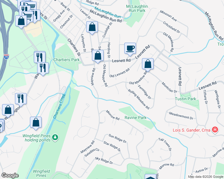 map of restaurants, bars, coffee shops, grocery stores, and more near 1340 Rose Circle in Pittsburgh