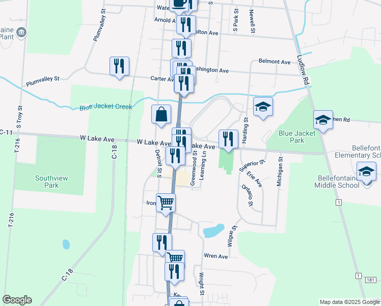 map of restaurants, bars, coffee shops, grocery stores, and more near 1128 Greenwood Street in Bellefontaine