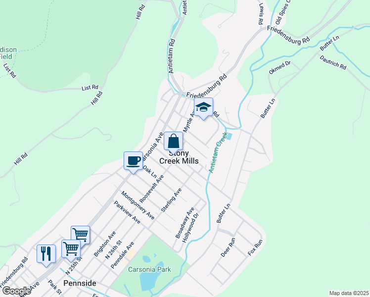 map of restaurants, bars, coffee shops, grocery stores, and more near in Stony Creek Mills