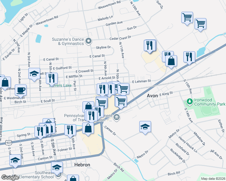 map of restaurants, bars, coffee shops, grocery stores, and more near 100 North 8th Avenue in Lebanon