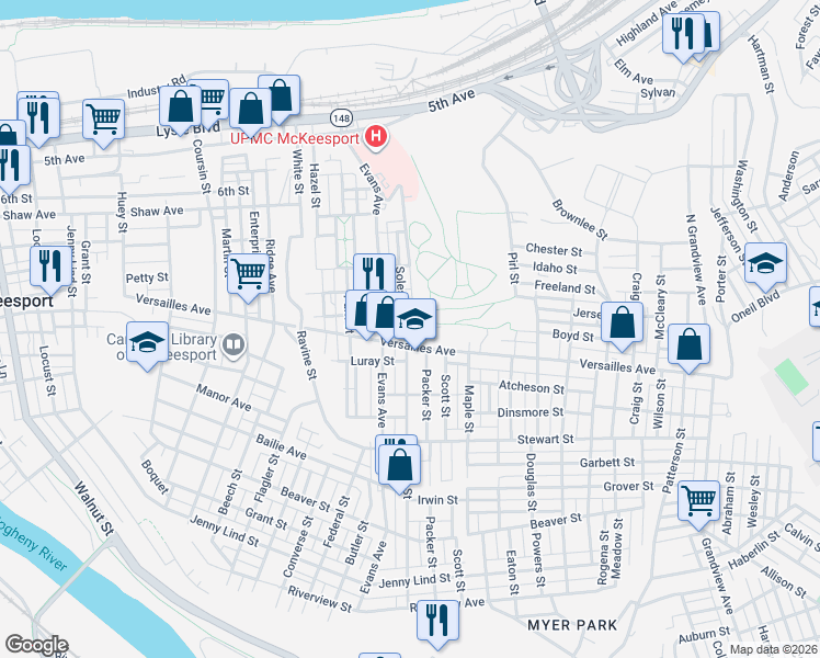 map of restaurants, bars, coffee shops, grocery stores, and more near 2412 Versailles Avenue in McKeesport