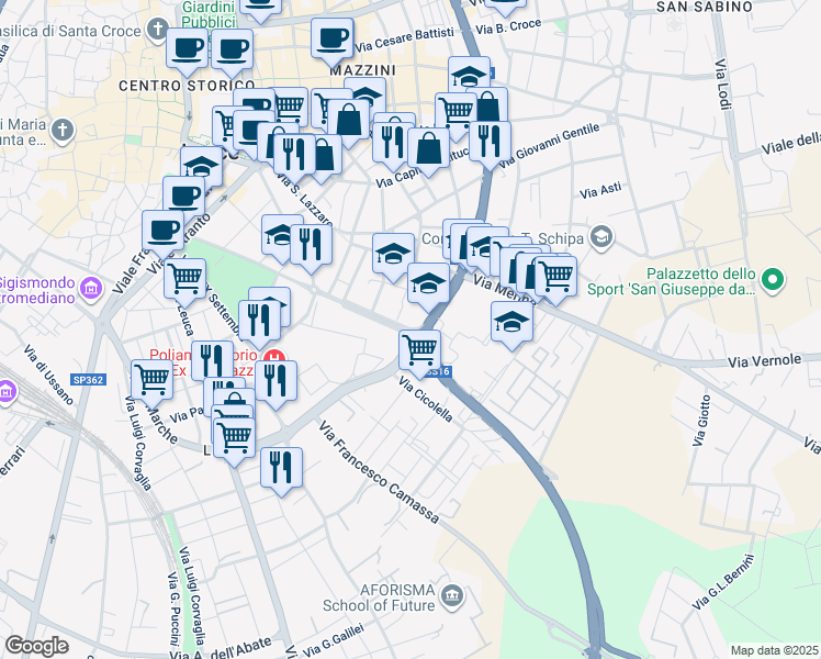 map of restaurants, bars, coffee shops, grocery stores, and more near Viale Gioacchino Rossini in Lecce