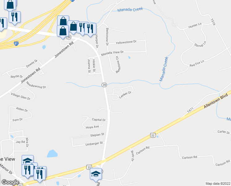 map of restaurants, bars, coffee shops, grocery stores, and more near Williams View Drive in Harrisburg