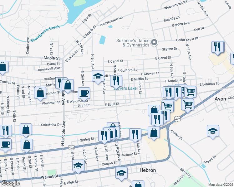 map of restaurants, bars, coffee shops, grocery stores, and more near 504 East Weidman Street in Lebanon