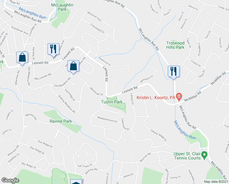map of restaurants, bars, coffee shops, grocery stores, and more near 1300 Chartwell Drive in Pittsburgh