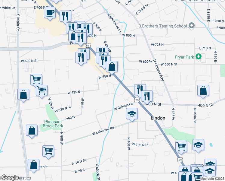 map of restaurants, bars, coffee shops, grocery stores, and more near 499 North 420 West in Lindon