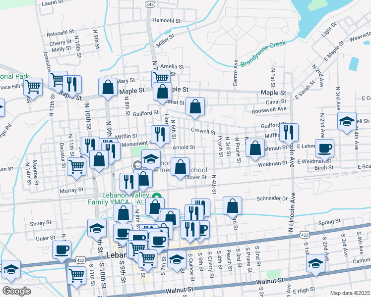 map of restaurants, bars, coffee shops, grocery stores, and more near 446 New Street in Lebanon