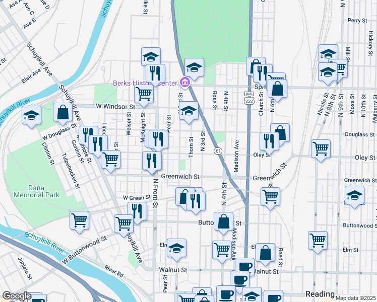 map of restaurants, bars, coffee shops, grocery stores, and more near 217 Oley Street in Reading