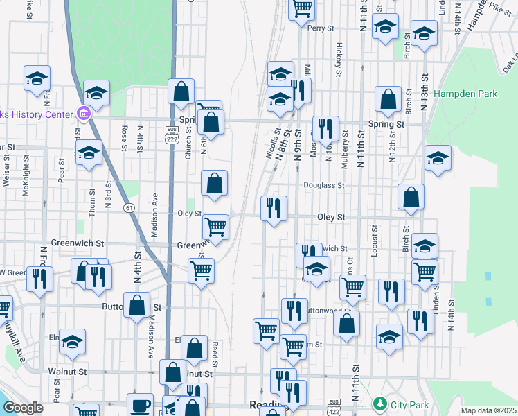 map of restaurants, bars, coffee shops, grocery stores, and more near 740 North 8th Street in Reading