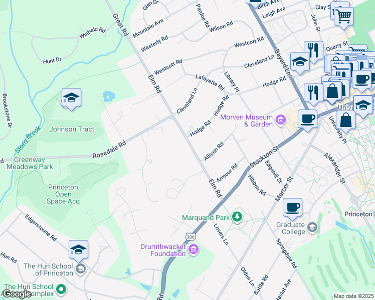 map of restaurants, bars, coffee shops, grocery stores, and more near 114 Elm Road in Princeton