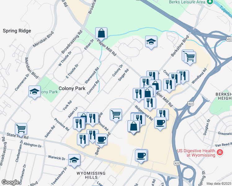 map of restaurants, bars, coffee shops, grocery stores, and more near 2201 Ridgewood Road in Wyomissing