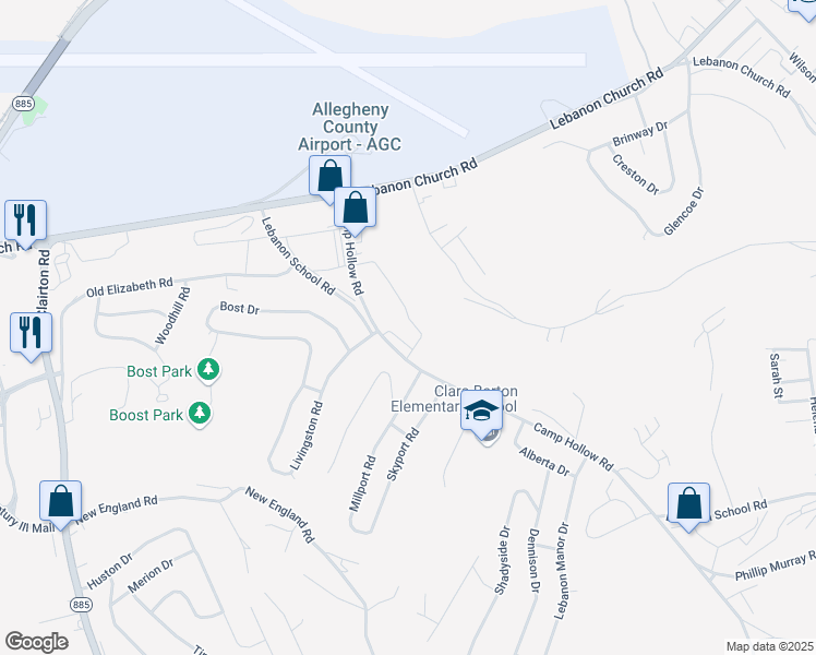 map of restaurants, bars, coffee shops, grocery stores, and more near 371 Camp Hollow Road in West Mifflin