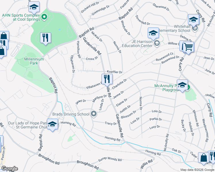 map of restaurants, bars, coffee shops, grocery stores, and more near 4859 Gardenville Road in Pittsburgh