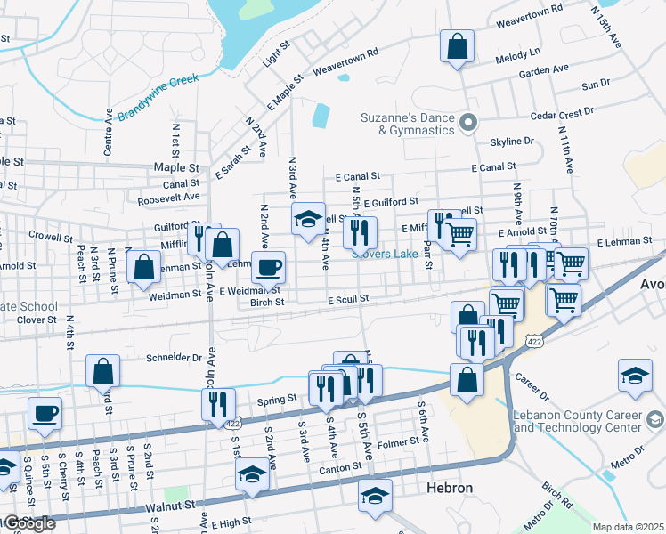 map of restaurants, bars, coffee shops, grocery stores, and more near 408 East Lehman Street in Lebanon
