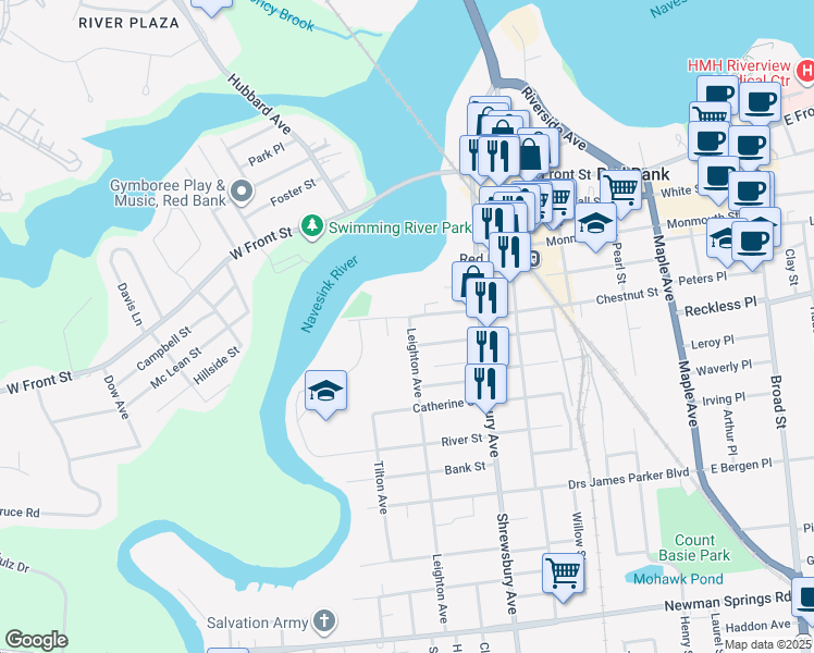 map of restaurants, bars, coffee shops, grocery stores, and more near 52 Locust Avenue in Red Bank