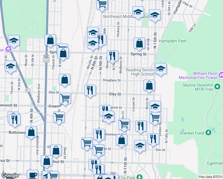 map of restaurants, bars, coffee shops, grocery stores, and more near 716 North 10th Street in Reading