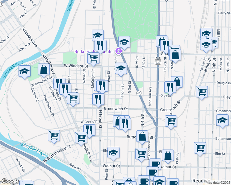 map of restaurants, bars, coffee shops, grocery stores, and more near 735 North 2nd Street in Reading