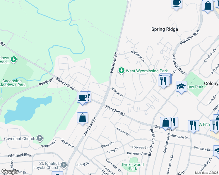 map of restaurants, bars, coffee shops, grocery stores, and more near 151 Lucinda Lane in Wyomissing
