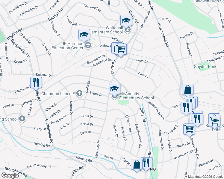map of restaurants, bars, coffee shops, grocery stores, and more near 5111 McAnnulty Road in Pittsburgh