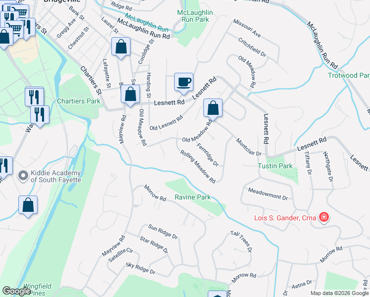 map of restaurants, bars, coffee shops, grocery stores, and more near 1303 Old Meadow Road in Pittsburgh
