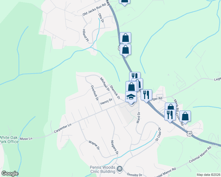 map of restaurants, bars, coffee shops, grocery stores, and more near 14245 Michael Drive in Irwin