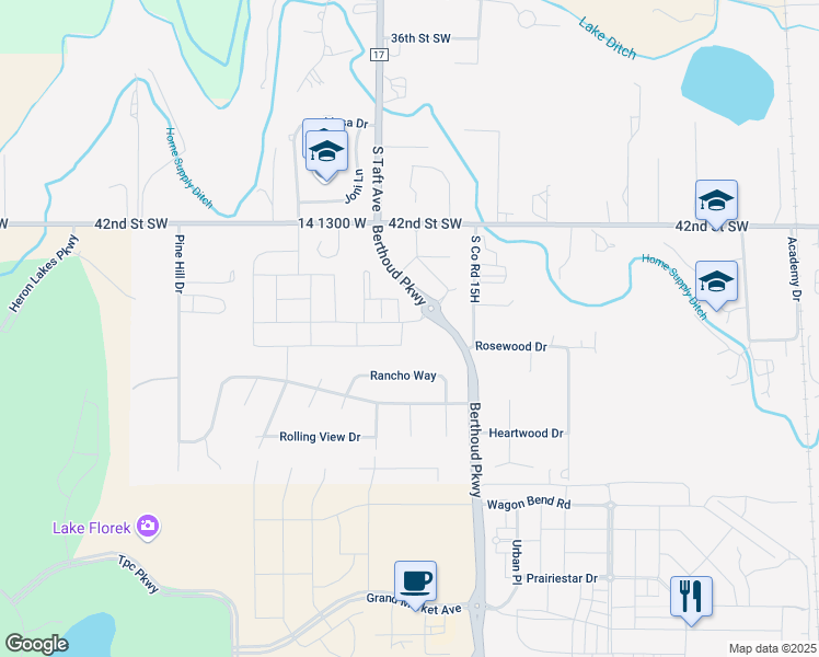 map of restaurants, bars, coffee shops, grocery stores, and more near 3338 Auklet Drive in Berthoud