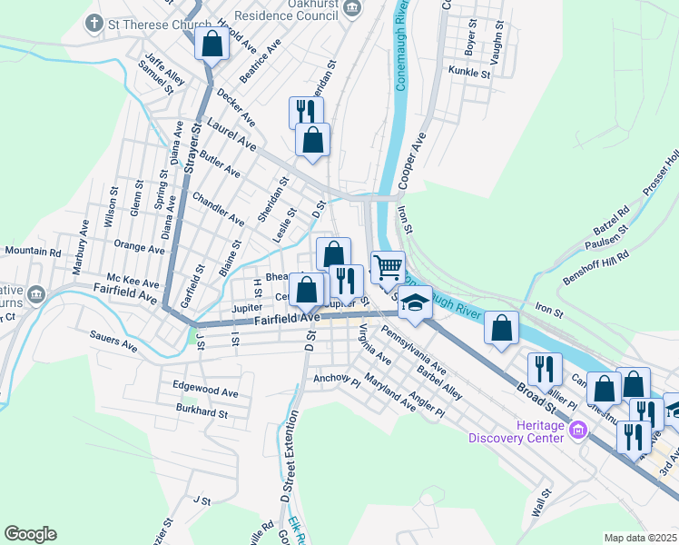 map of restaurants, bars, coffee shops, grocery stores, and more near 155 C Street in Johnstown