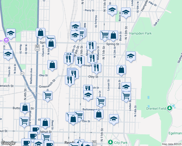 map of restaurants, bars, coffee shops, grocery stores, and more near 716 North 10th Street in Reading