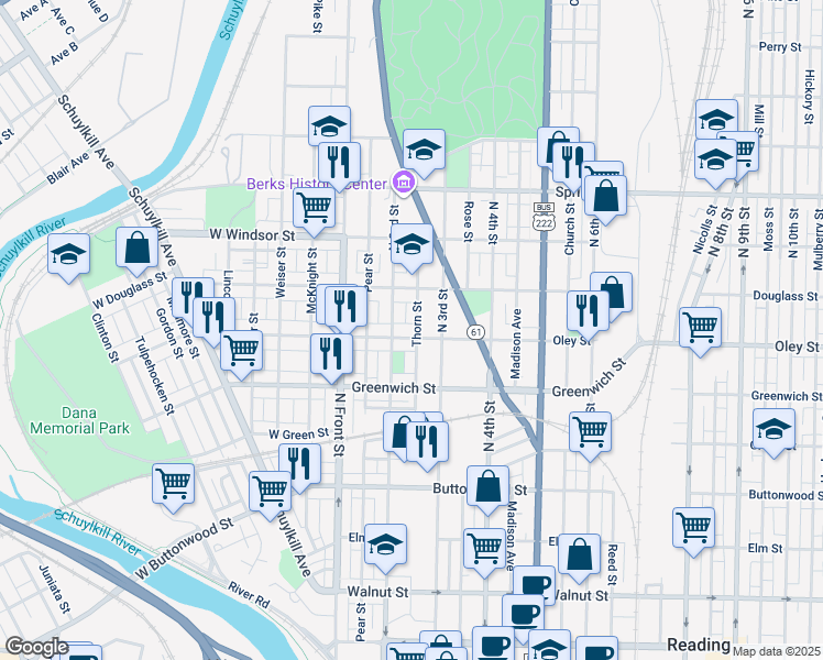 map of restaurants, bars, coffee shops, grocery stores, and more near 217 Oley Street in Reading