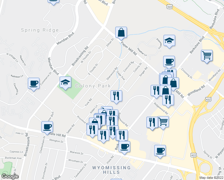 map of restaurants, bars, coffee shops, grocery stores, and more near 1620 Concord Road in Wyomissing