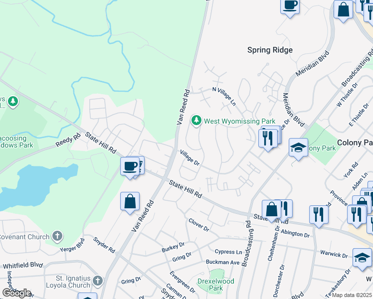 map of restaurants, bars, coffee shops, grocery stores, and more near 157 Lucinda Lane in Wyomissing
