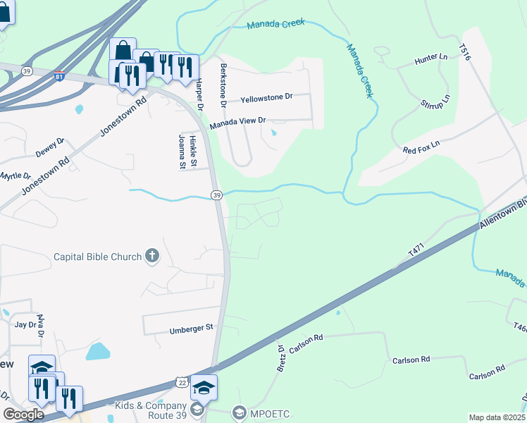 map of restaurants, bars, coffee shops, grocery stores, and more near 155 North Hershey Road in Harrisburg