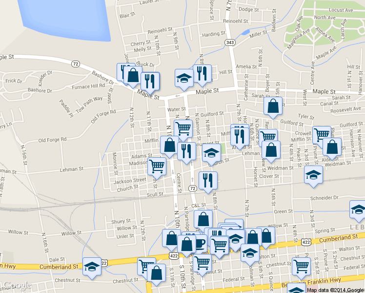 map of restaurants, bars, coffee shops, grocery stores, and more near 438 North Partridge Street in Lebanon