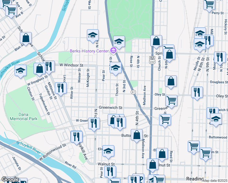map of restaurants, bars, coffee shops, grocery stores, and more near 211 Oley Street in Reading
