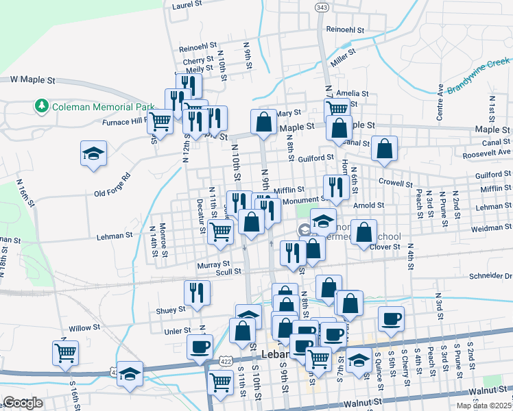 map of restaurants, bars, coffee shops, grocery stores, and more near 438 North Partridge Street in Lebanon