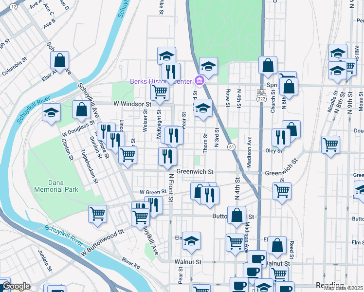 map of restaurants, bars, coffee shops, grocery stores, and more near 740 Pear Street in Reading
