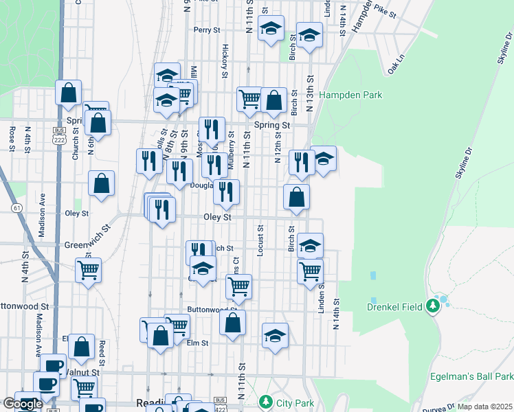 map of restaurants, bars, coffee shops, grocery stores, and more near 1114 Douglass Street in Reading