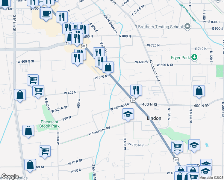 map of restaurants, bars, coffee shops, grocery stores, and more near 531 North State Street in Lindon