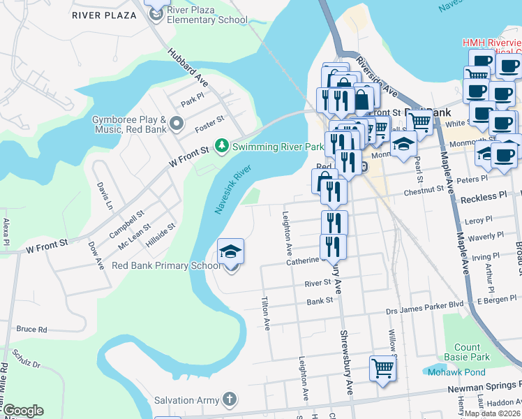 map of restaurants, bars, coffee shops, grocery stores, and more near 122 Locust Avenue in Red Bank