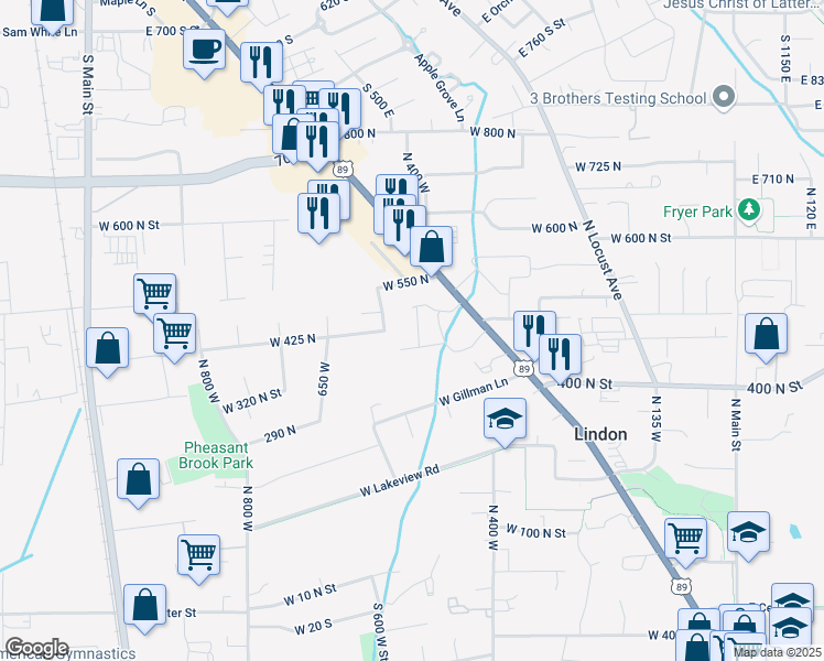 map of restaurants, bars, coffee shops, grocery stores, and more near 505 North 475 West in Lindon