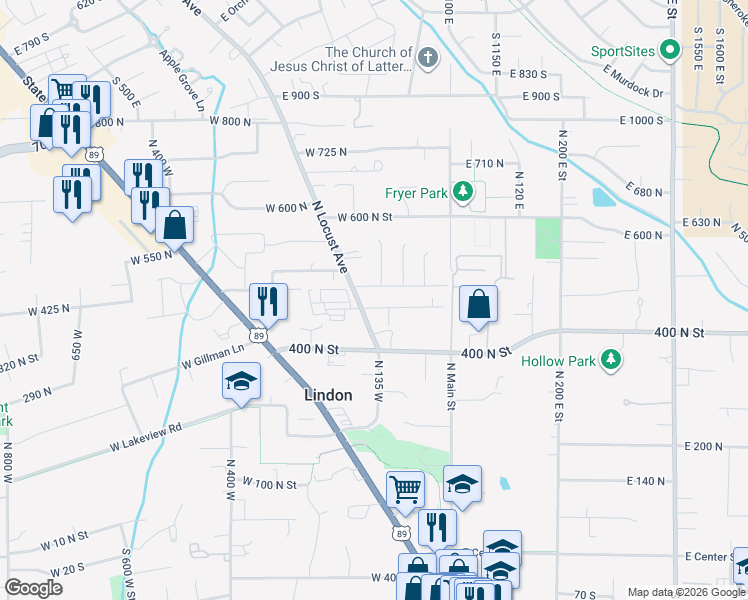 map of restaurants, bars, coffee shops, grocery stores, and more near 142 West 450 North in Lindon