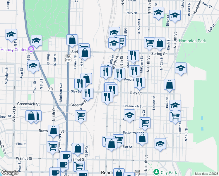 map of restaurants, bars, coffee shops, grocery stores, and more near 756 Lance Place in Reading