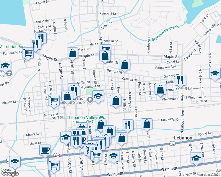 map of restaurants, bars, coffee shops, grocery stores, and more near 419 North 6th Street in Lebanon