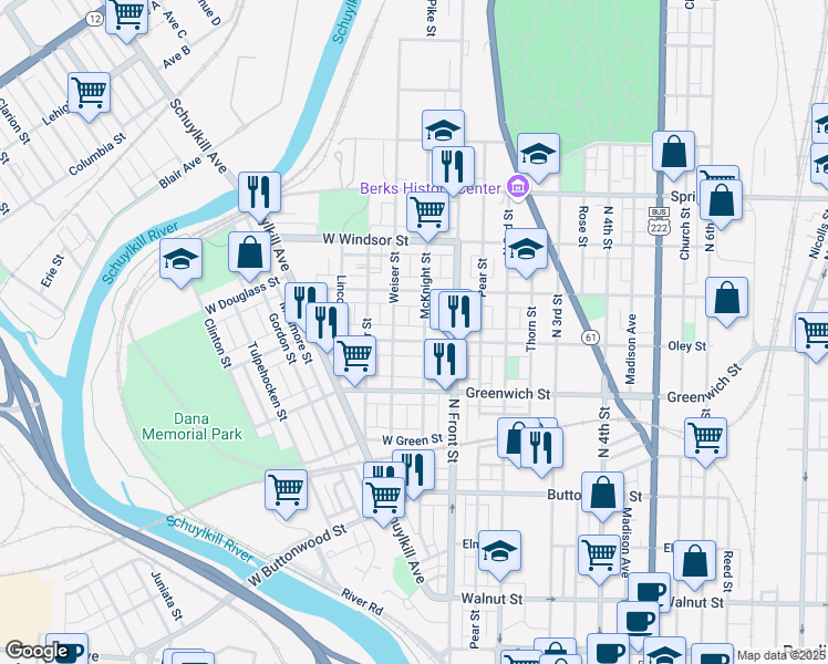 map of restaurants, bars, coffee shops, grocery stores, and more near 731 Weiser Street in Reading