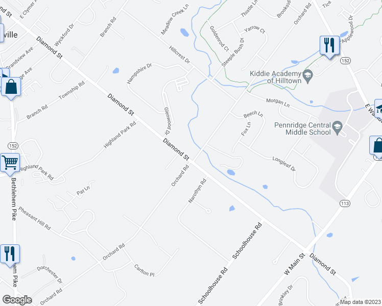 map of restaurants, bars, coffee shops, grocery stores, and more near 1025 Diamond Street in Sellersville