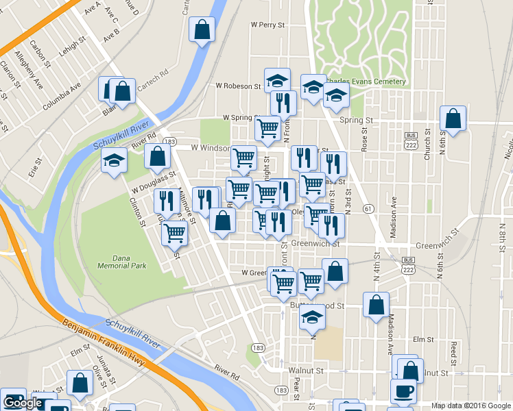 map of restaurants, bars, coffee shops, grocery stores, and more near 155 West Oley Street in Reading